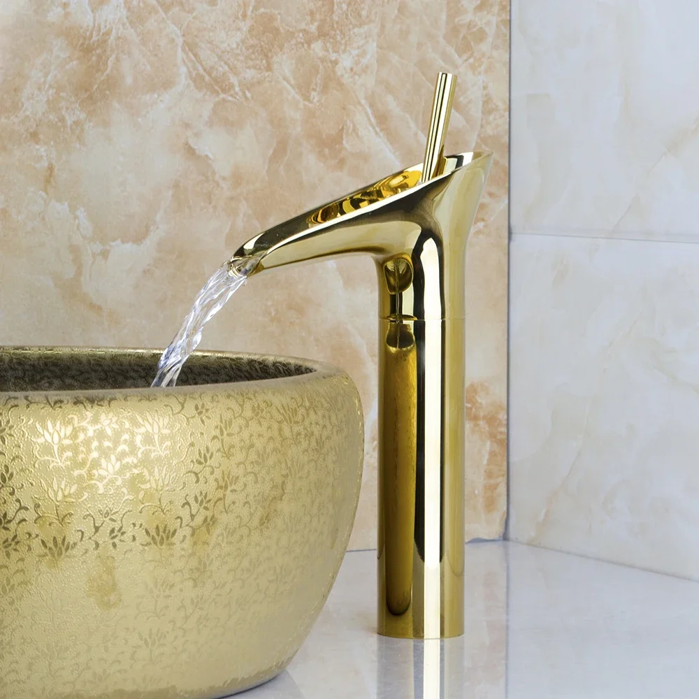 Gold Waterfall Spout Single Handle Taps Bathroom Basin Mixer Faucet Deck Mounted