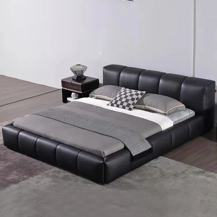 

Italian light luxury leather bed master bedroom double black pixel leather bed modern simple storage leather soft bag wedding