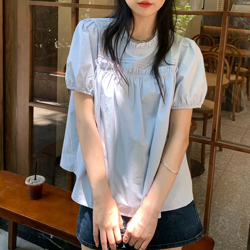 

Шикарная женская летняя блузка с короткими рукавами-фонариками, элегантный укороченный дизайн, синий топ в корейском стиле для повседневной носки