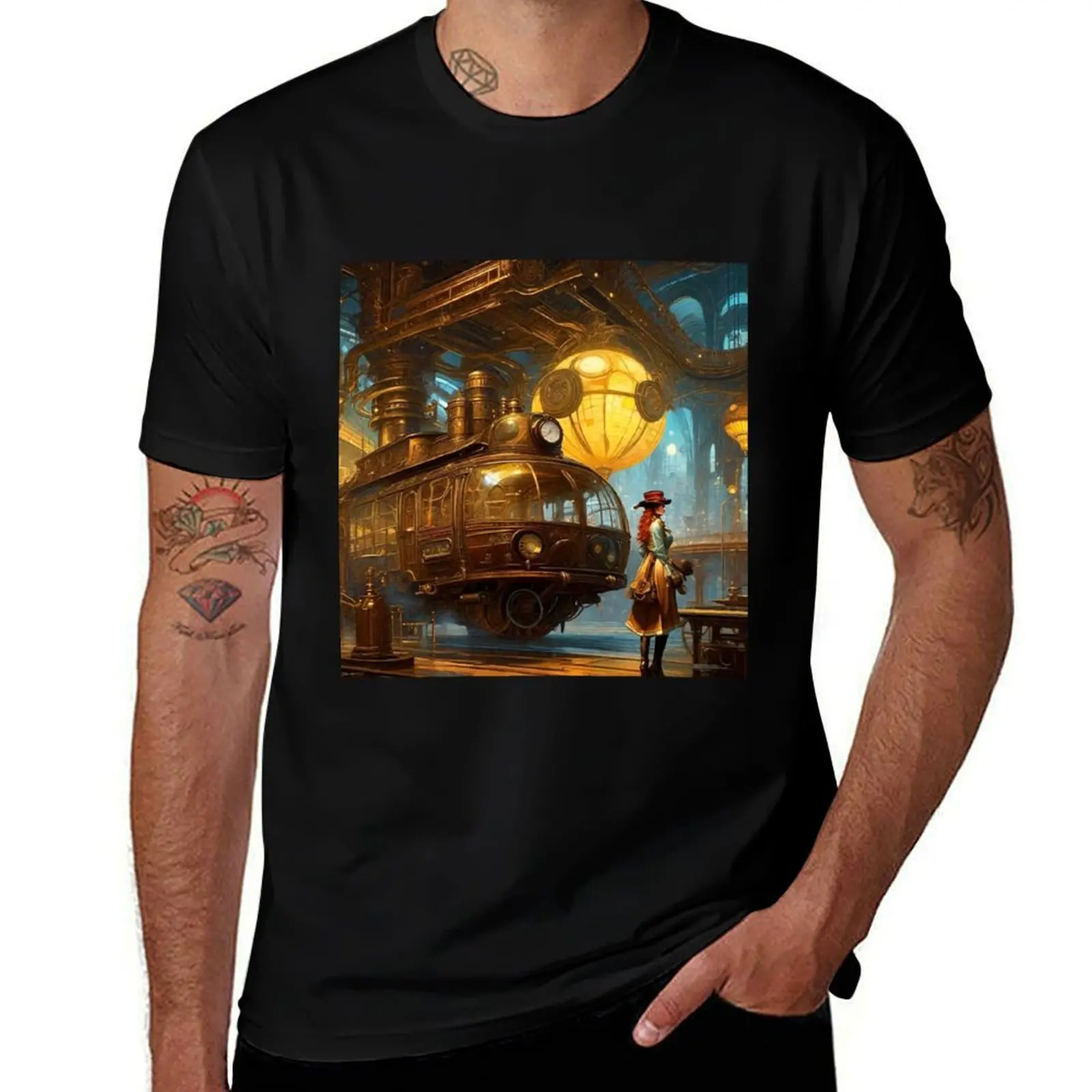 Steam Powered Tram - Surreal Fantasy Art T-Shirt Festival Casual Short Sleeve T-Shirt