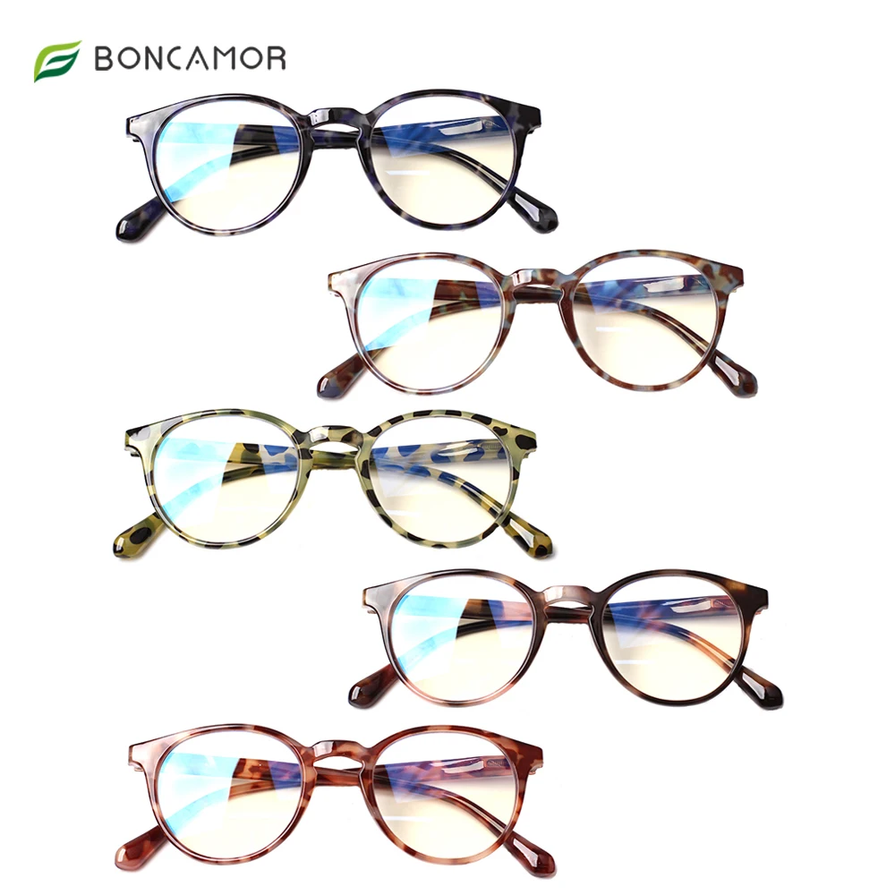Boncamor Men and Women Reading Glasses 5 Pack of With Blue Light Filtering Spring Hinges Fashionable Pattern Printed Glasses