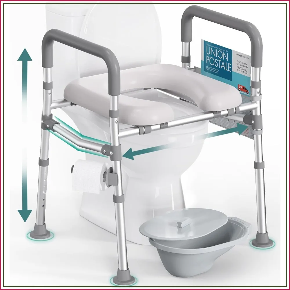 Elevated Toilet Seat with Handles, 500lb Capacity, Adjustable Height & Width, Padded Commode Chair for Seniors, Grey