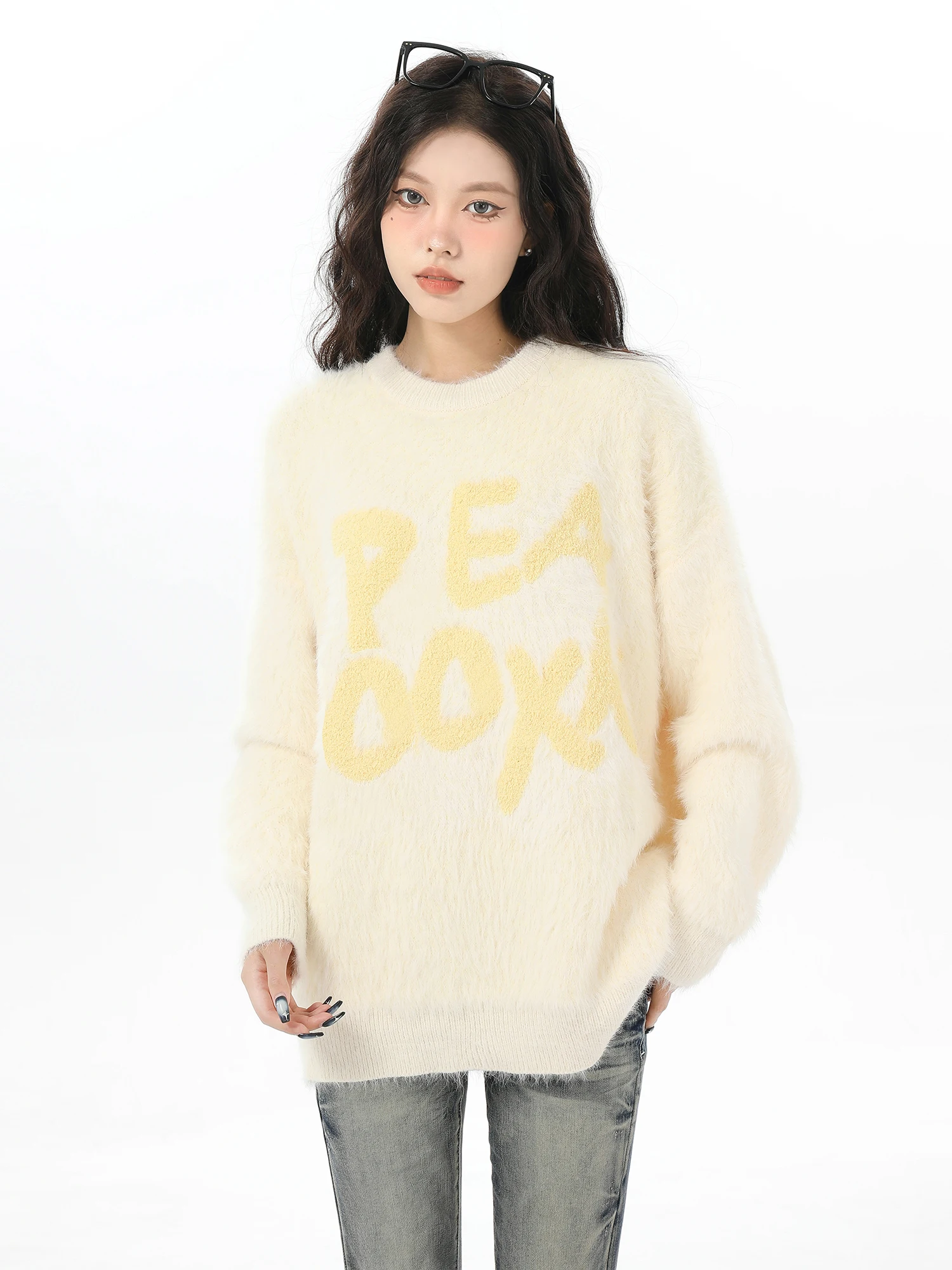 Round Neck Pullover Women's Yellow Autumn and Winter Soft Glutinous Mink Mid-Length Letter Embroidered Sweater Loose Fashion 1Pc