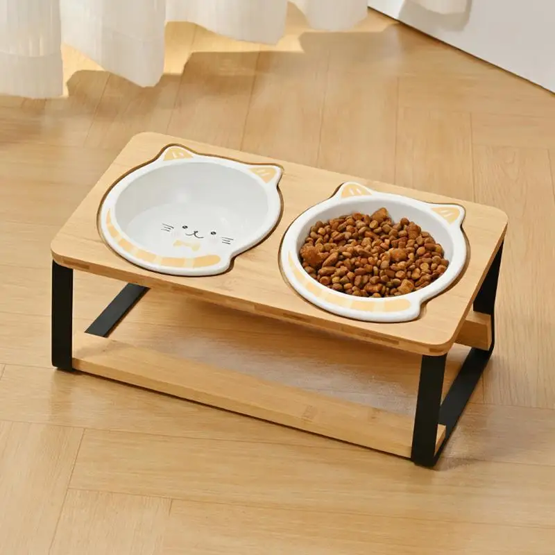

Cat Elevated Food Bowl Raised Cat Bowls For Indoor Cats Double Tall Ceramic Dish Spill-Proof Non-Slip Wooden Base For Kitten