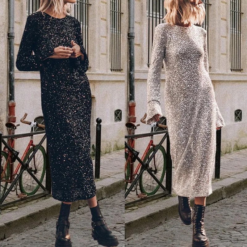 2025 New Sequined Long-sleeved Dress Simple Beads Slim Thin Temperament Fashion Women's Clothing Dinner Party Versatile Dress