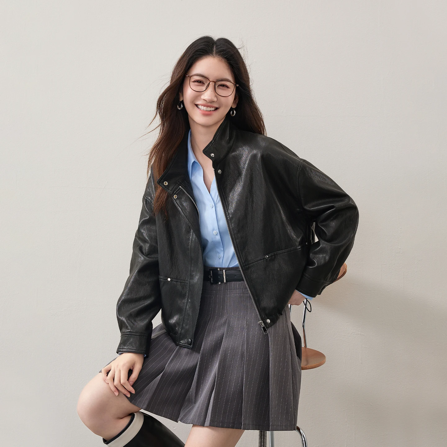 SENTUBILA PU Leather Jacket Women Autumn Biker Style Drop Shoulder Cropped Coat 2026 Vintage Casual Ladies Outerwear W63GA7905