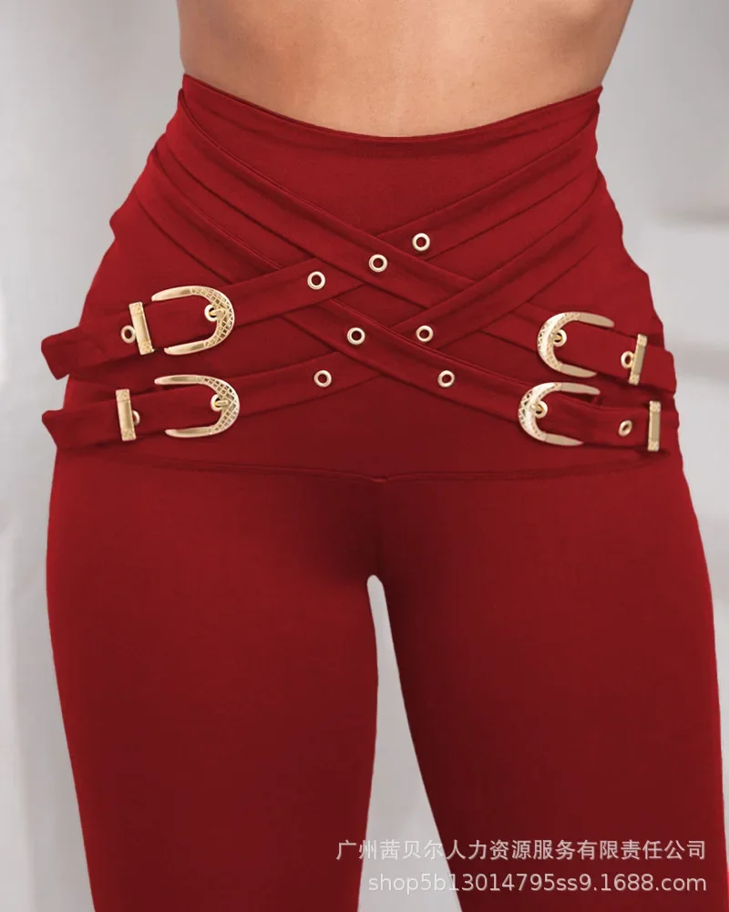 Women Fashion Casual Pants Slim Criss Cross Buckled Decor High Waist Skinny Pants Leggings Sexy Spring Summer