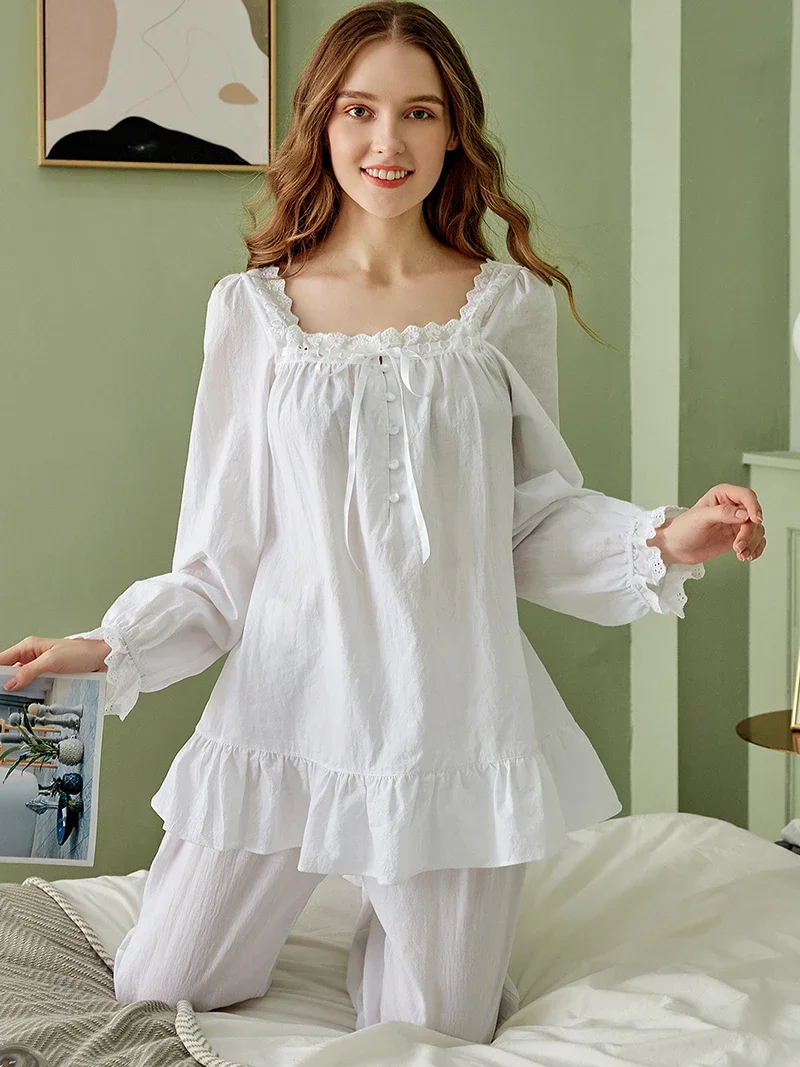 

Ladies Pure Cotton Vintage Princess Long Sleeve Pajama Women Loose Home Two Piece Suit Square Neck Ruffles Pantsuits Sleepwear