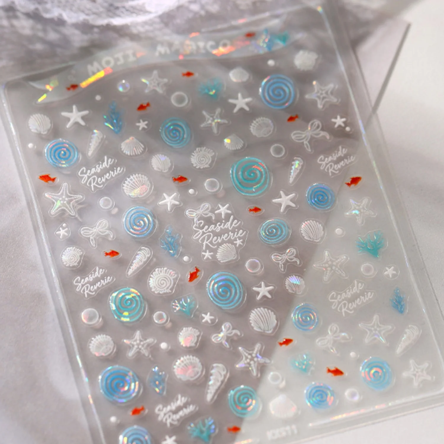 Meeres-Spiralwellen-Muschel-Seestern 5D Nagelaufkleber Roter Fisch Wasserpflanze Schleife Blauer Laser Farbverlauf Selbstklebende Nagelsticker