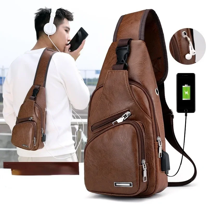 Simple and Fashionable Casual Solid Color PU Multifunctional USB Charging Zipper MEN'S Chest Bag Crossbody Bag for Commuting