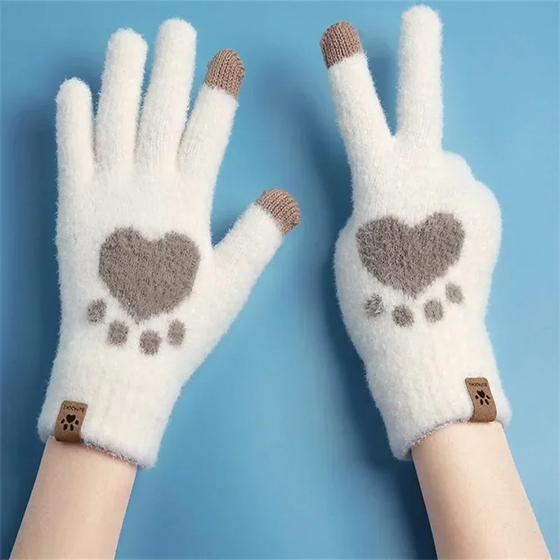 Women Winter Warm Gloves Cute Love Heart Pink Gloves Thick Fluffy Plush Cat Paw Mittens Outdoor Cold Resistant Full Finger Glove