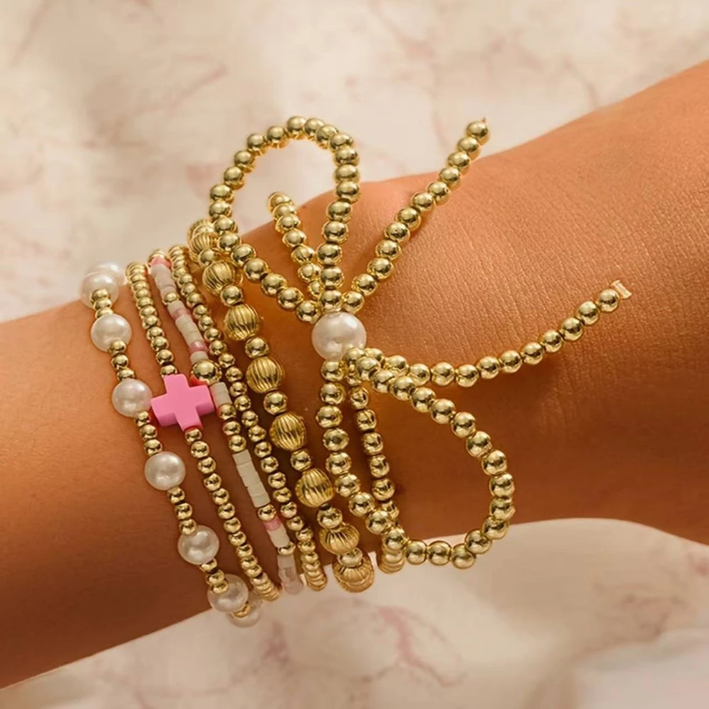 

YEEVAA Bow KNOT Pearl Beaded Layered Bracelets, Fashion Jewelry Gift for Women Daily Layering