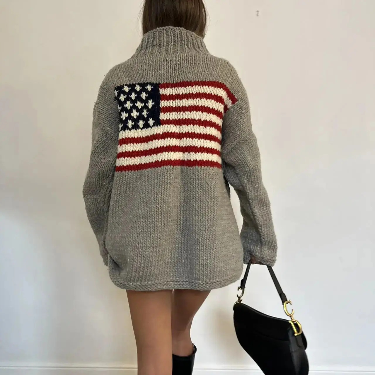 Harajuku Retro Y2K Women's US Flag Long sleeved Pullover Knitted High Neck Large Sweater Vintage Sweater for warmth