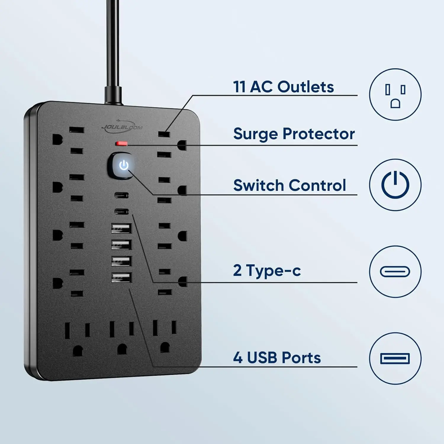 Power Supply 11 AC Outlets, Power Control, Reset Button, 2 Type C Outlets, 4 USB Ports