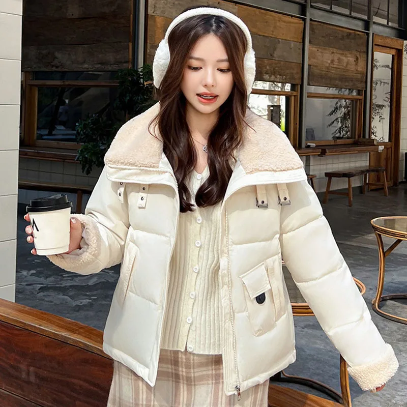 

Женская хлопковая куртка из искусственной овечьей шерсти, корейское модное утепленное пальто с большими лацканами, зимнее повседневное однотонное женское пальто