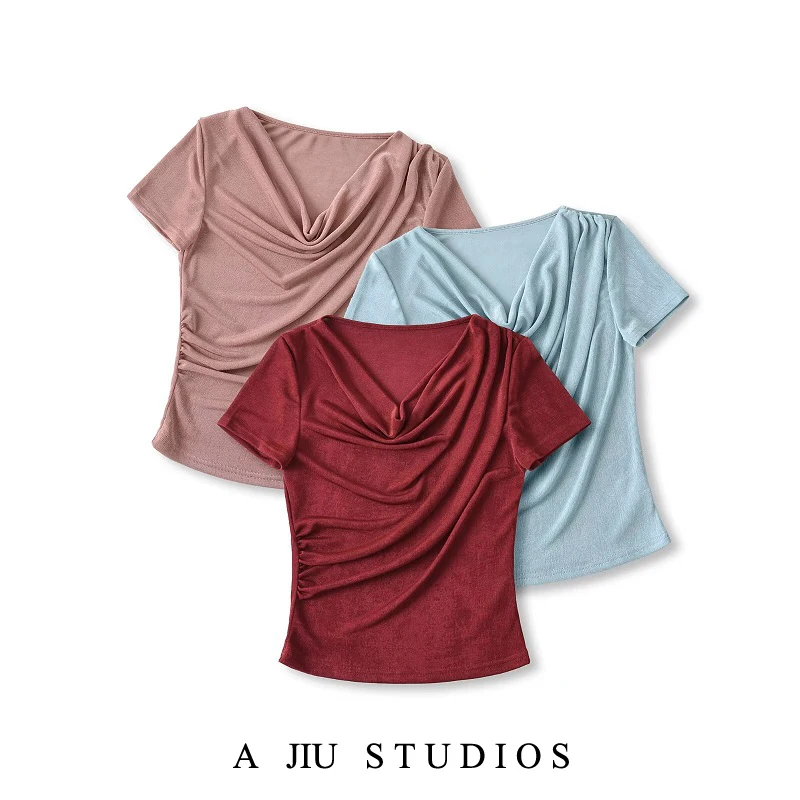 Sexy ort Sve Slim Fit T-irt Women's Summer Street Sle Pure Color Bustier Top oulder Bared Waist Cinched in Sle