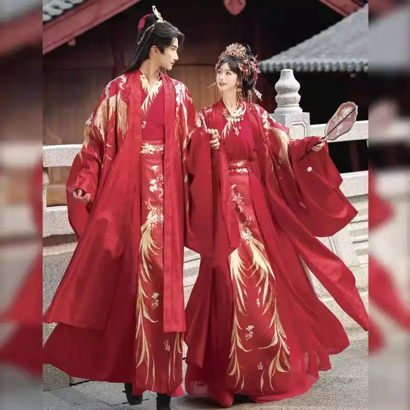 

New Chinese Style Hanfu Women Wedding Attire Jacquard Couple Marry Evening Dress Wedding Dress Tail Hanfu Women