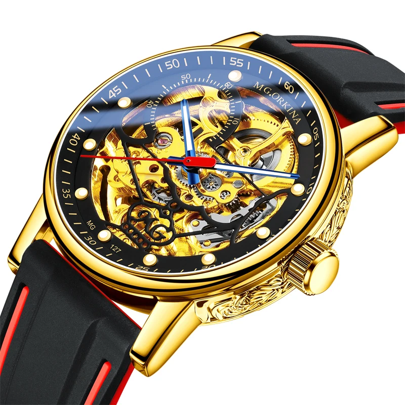 

Mens Watches Top Brand Luxury Sports Silicone Strap Hollow Mechanical Watch Gold Skeleton Automatic Wristwatch Gift for Men