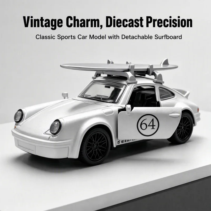 Retro Alloy Car Model with Surfboard, Pull Back Power, Open Doors, Metal Vehicle Desktop Decor Collectible Ornament
