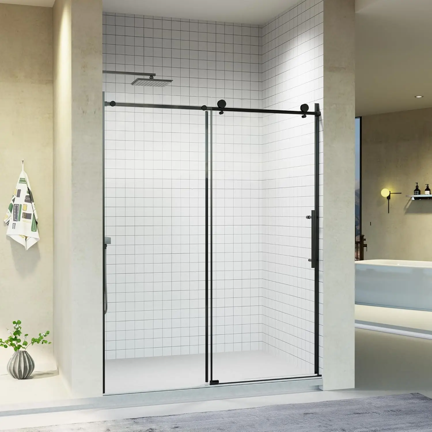 

56-60 Inch Frameless Sliding Shower Door, 1/4" (6mm) Clear Tempered Glass, Stainless Steel & Aluminum Matte Black Finish