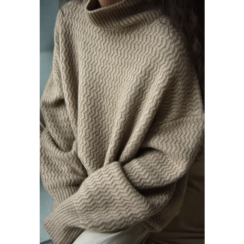 Wave pattern turtleneck cashmere sweater female autumn winter thickened languid lazy loose pullover sweater wear bottom knit