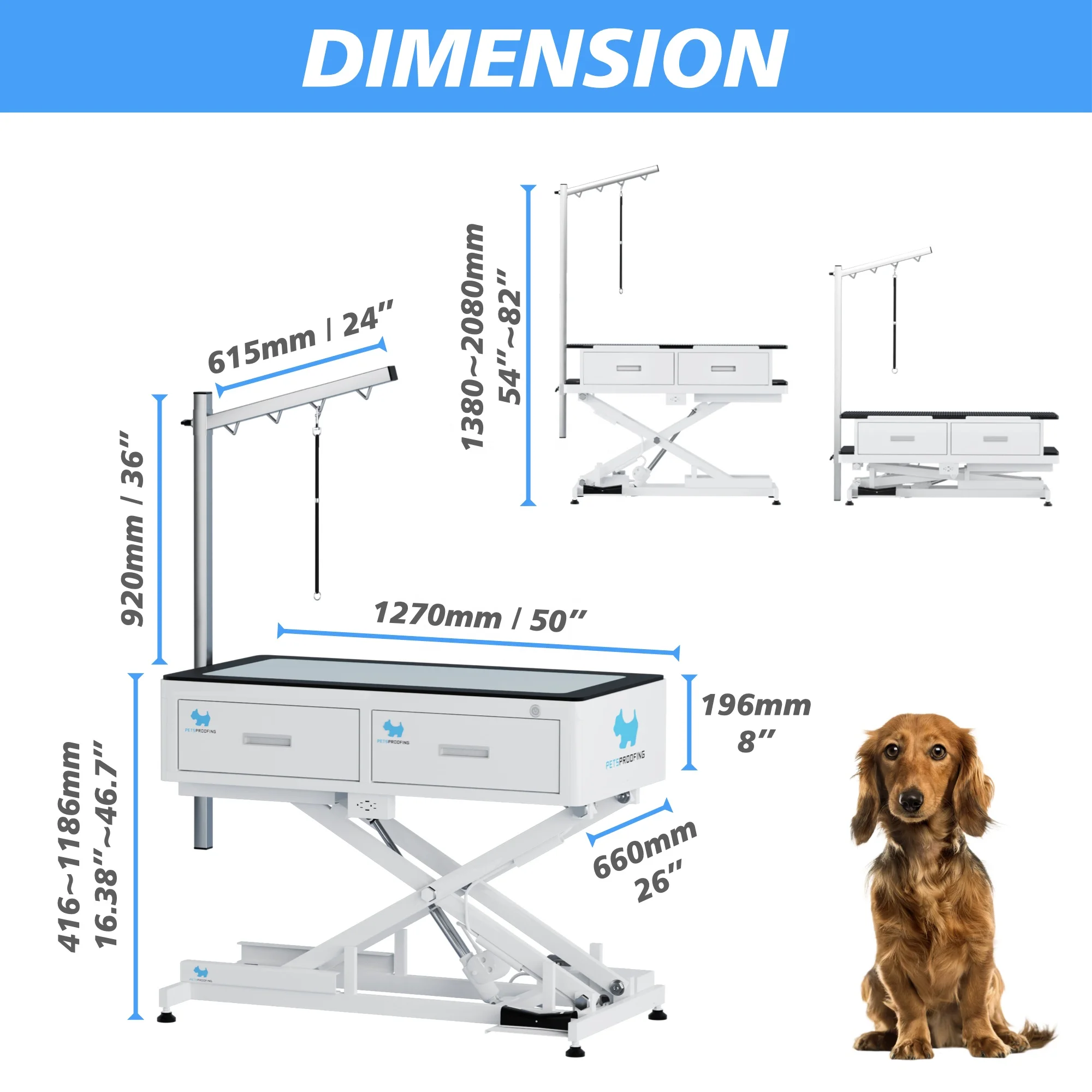 Electric Height-Adjustable Pet Grooming Table with Drawers Stainless Steel Combs Sustainable Features-for Big Dogs Small Cats