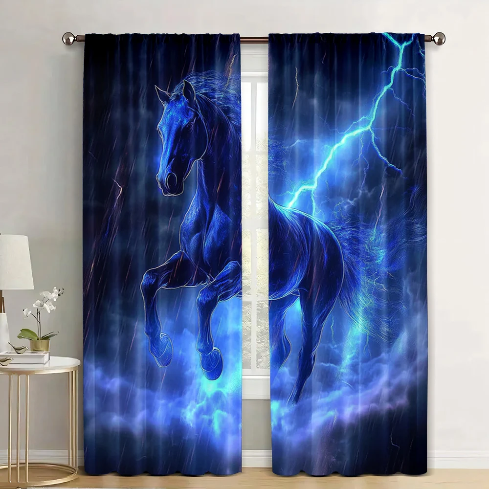 2Pcs Lightning Curtains For Bedroom Galloping Horse Draperies For Living Room Black Horse Window Treatment Curtains_ai10