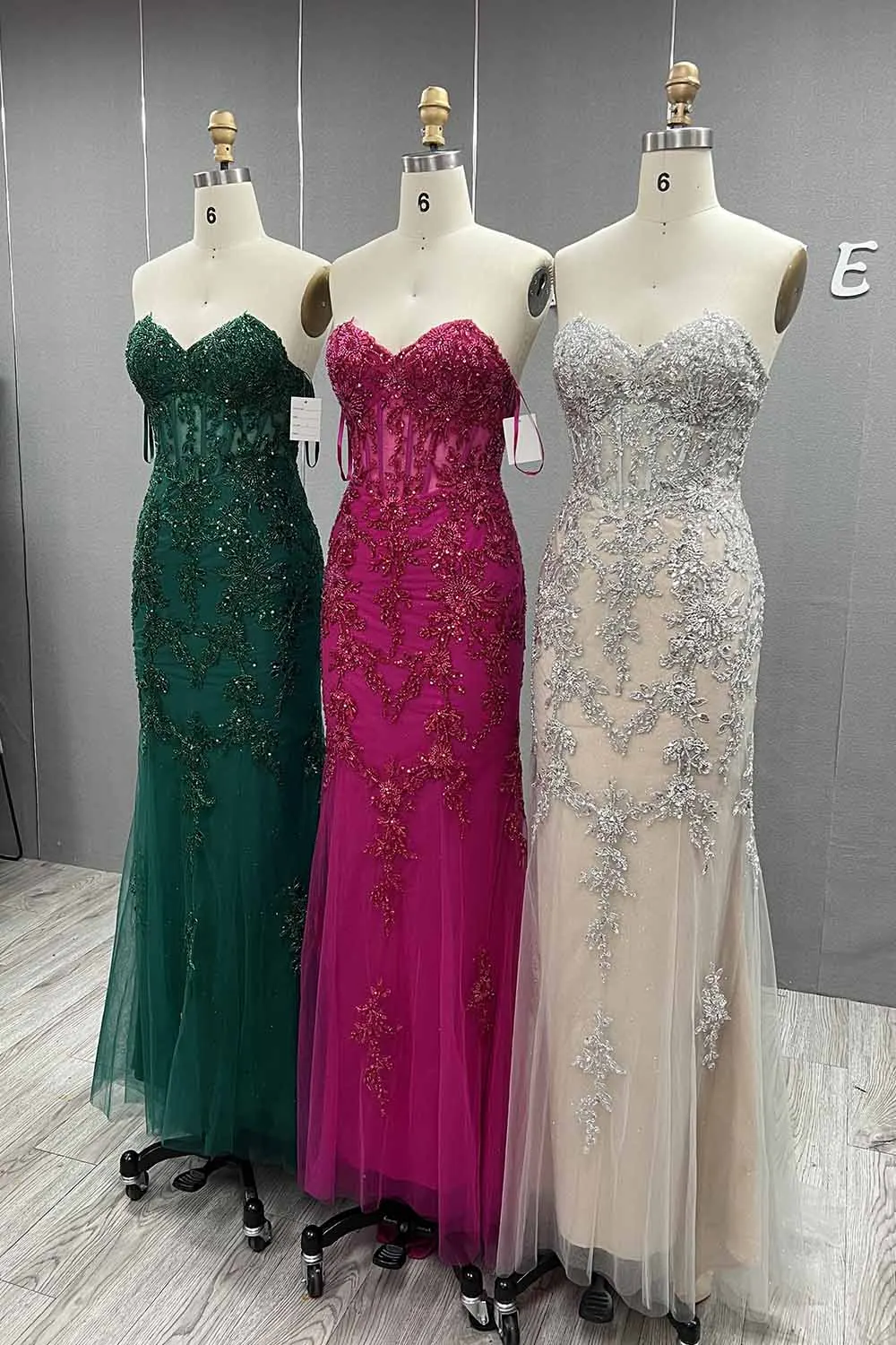 YQLNNE  Silver Nude Embroidery Beading Long Prom Dresses Strapless Tulle Mermaid Eventing Gown Lace-up