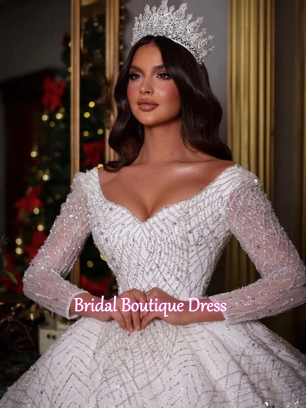 Customized Exquisite  Wedding Dresses Long Sleeves Sequins Appliques Lace Ball Bridal Gowns  Sweep Train Robe De Mariee Vestido