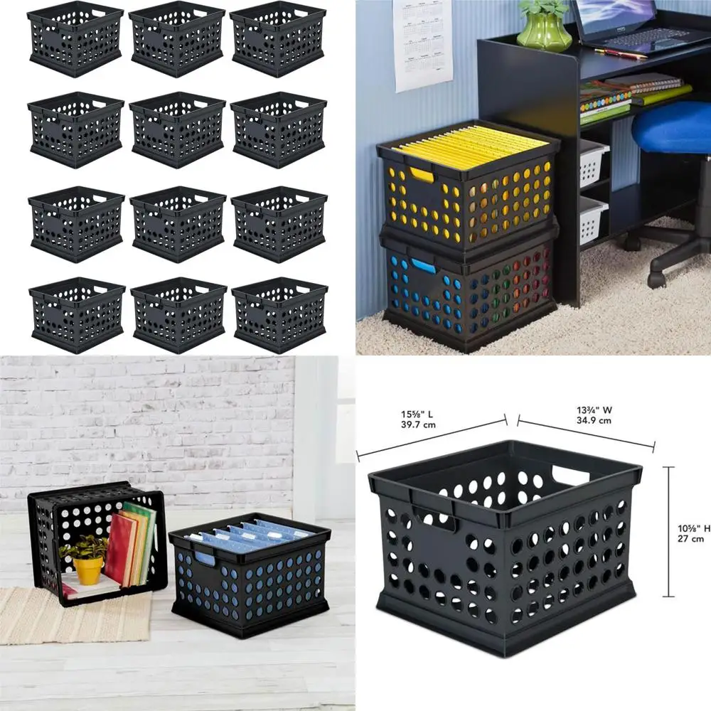 

Пластиковые контейнеры для хранения с ручками, 12 штук, идеально подходят для дома, офиса, общежития, гаража, хозяйственных помещений, черные