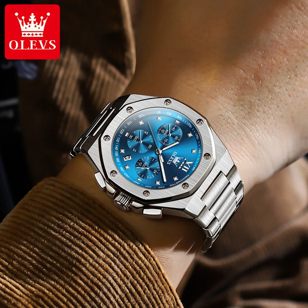 OLEVS 2024 New Men Watches Original Busines Stainless Steel Waterproof Chronograph Quartz Wrist Watch for Men Fashion Man Watch