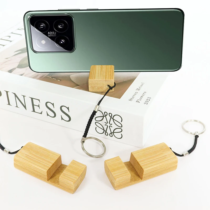 10Pcs Gift Key Chain Wood Keychain Phone Holder Rectangle Wooden Key Ring Cell Phone Stand Base Bamboo Phone Holder