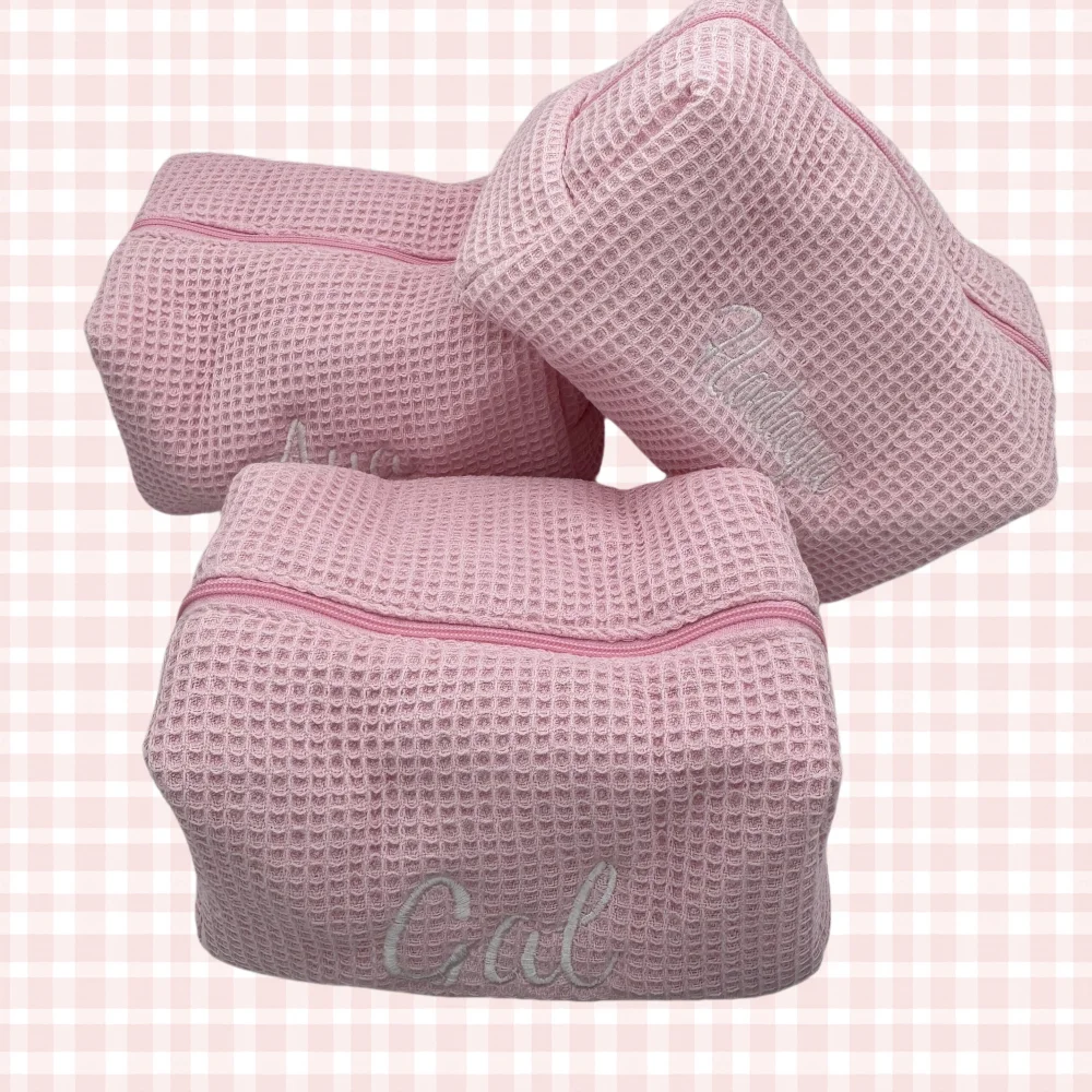 

Small Waffle Pink Makeup Bag Customized Name Storage Bag Personalized Embroidery Small Bag Storage Bag Comes with Handheld Gift
