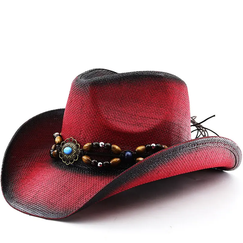 Vintage Large Eave Straw Hat Turquoise Decorated Western Cowboy Beach Vacation Hat for Men Women