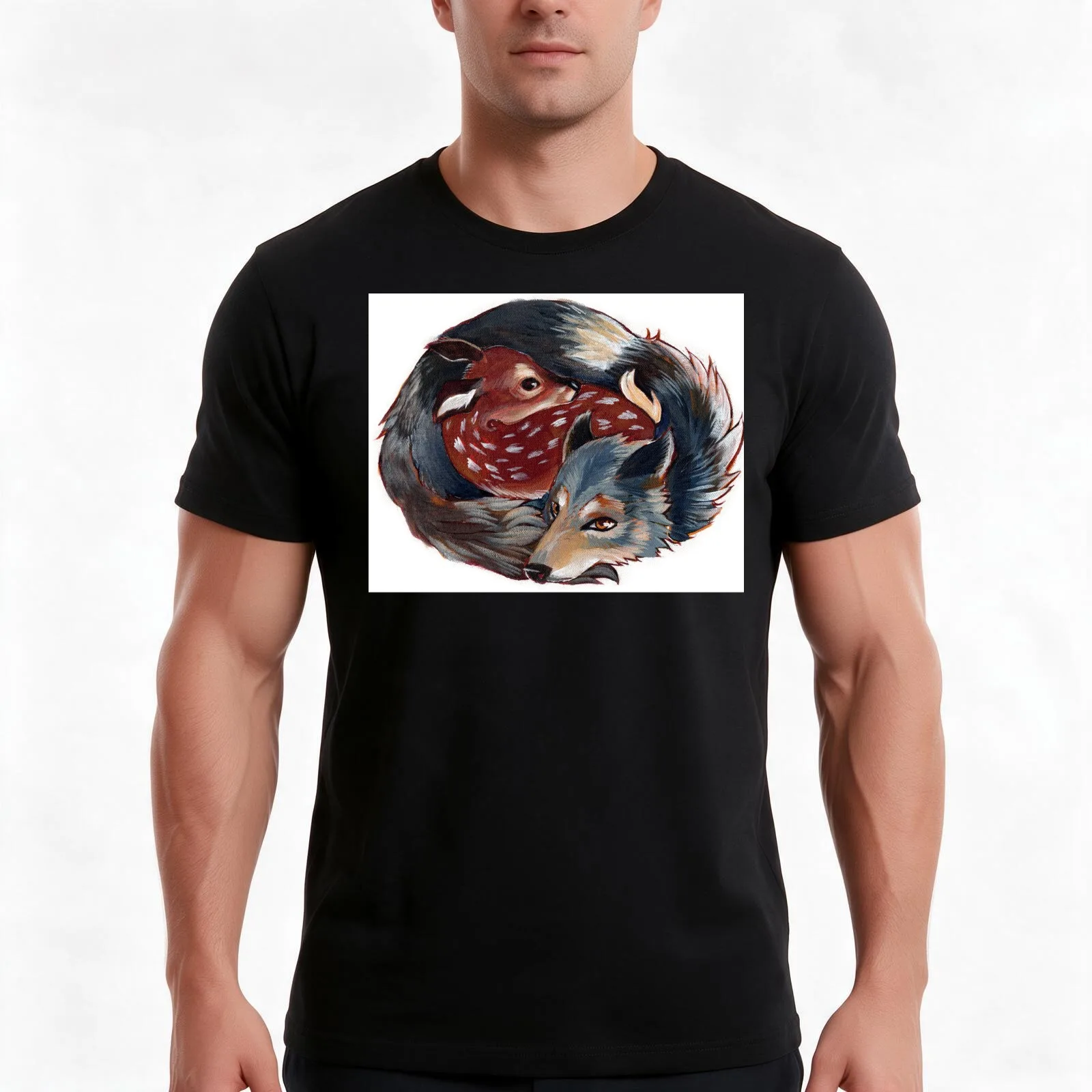 Predator Prey Entangled - Wolf and Deer T-Shirt Summer Casual Cotton Tee Oversized Streetwear Tops Vintage Graphic Print