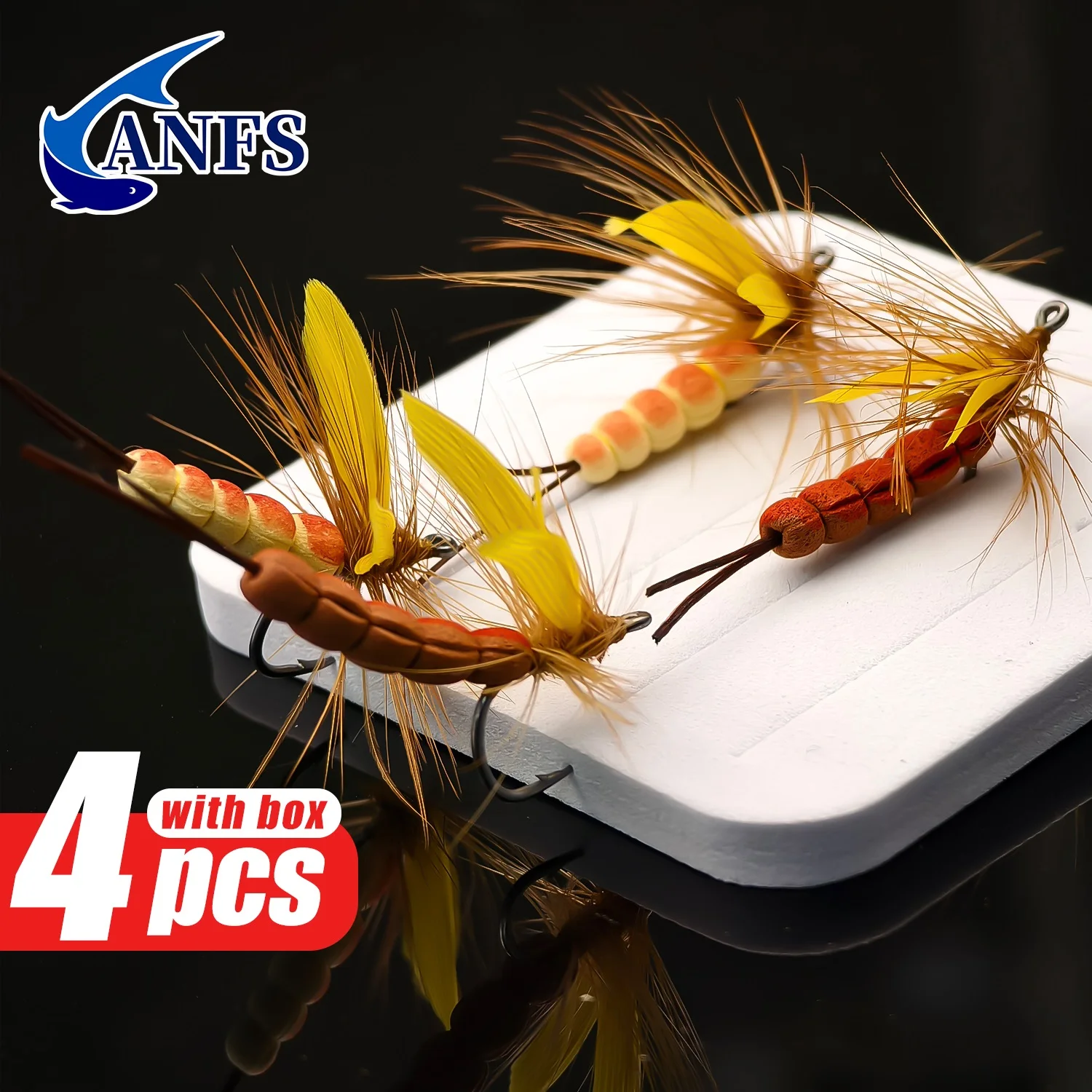 ANFS 4pcs Fly Fishing With Storage Yellow Wing Mayfly Foam Tail Trout Fishing Dry Fly Lure Bait