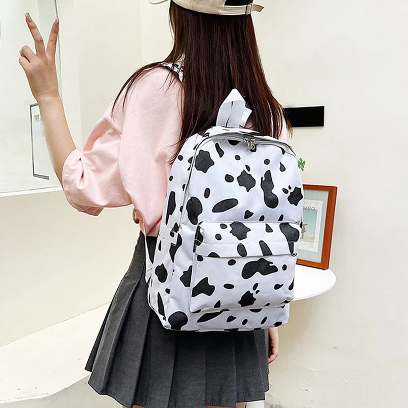 Women Canvas Backpack Zebra Cow Print Pattern School Book Bag Ladies Large Capacity Travel Bag Female Multi-Pockets Shoulder Bag