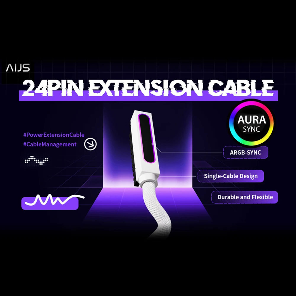 

AIJS ATX 24-контактный левый удлинительный кабель, ARGB 5 В 3-контактный, 18AWG однолинейный разъем «папа-мама»