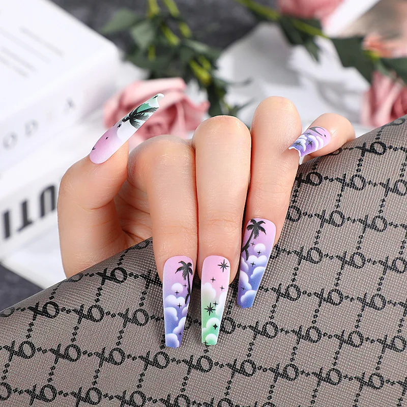 3D long fake nails set ballet summer white cloud coconut tree printing with diamond faux ongles press on false acrylic nail tips