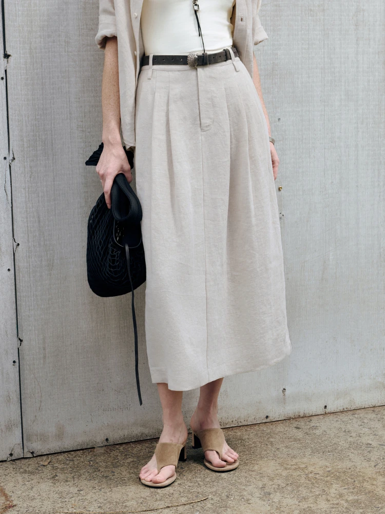 

Wangwangwork Full Linen Texture Pleated on Silhouette f Skirt Women's Commute Simple Sle mid Waist H-ape Skirt