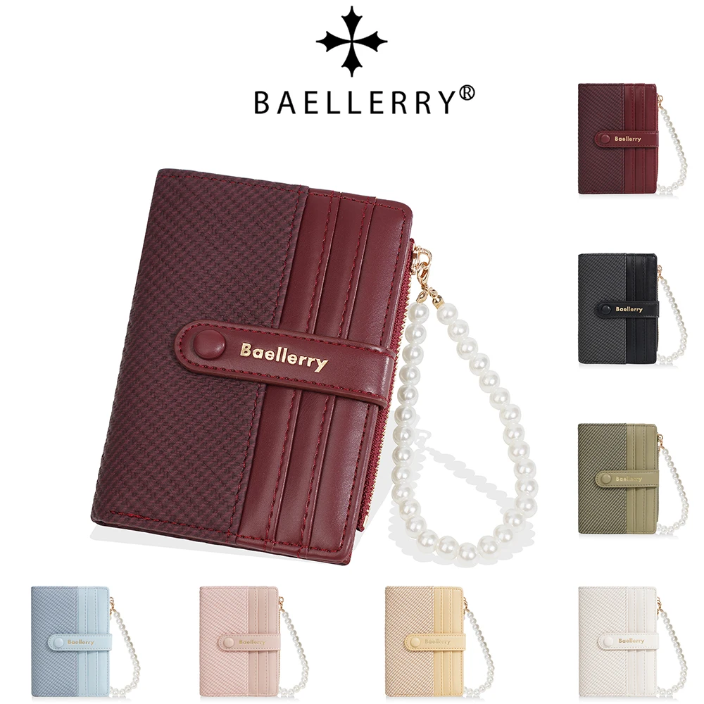 

Baellerry New Women's Short Wallet Card Clip Coin Purse with Photo Holder Pearl Zipper Top-Quality Female Card Bag