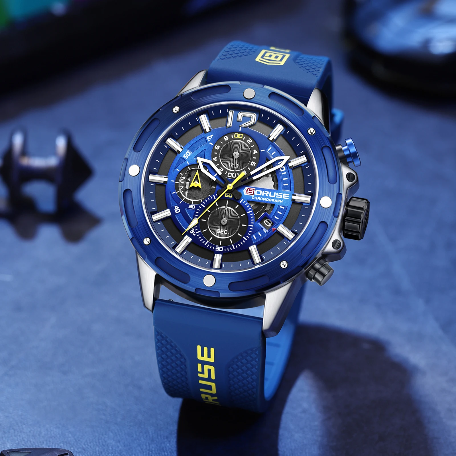 BORUSE Blue Watches for Men Chronograph Watches Male Silicone Quartz Wristwatch Sports Waterproof Luminous Watch