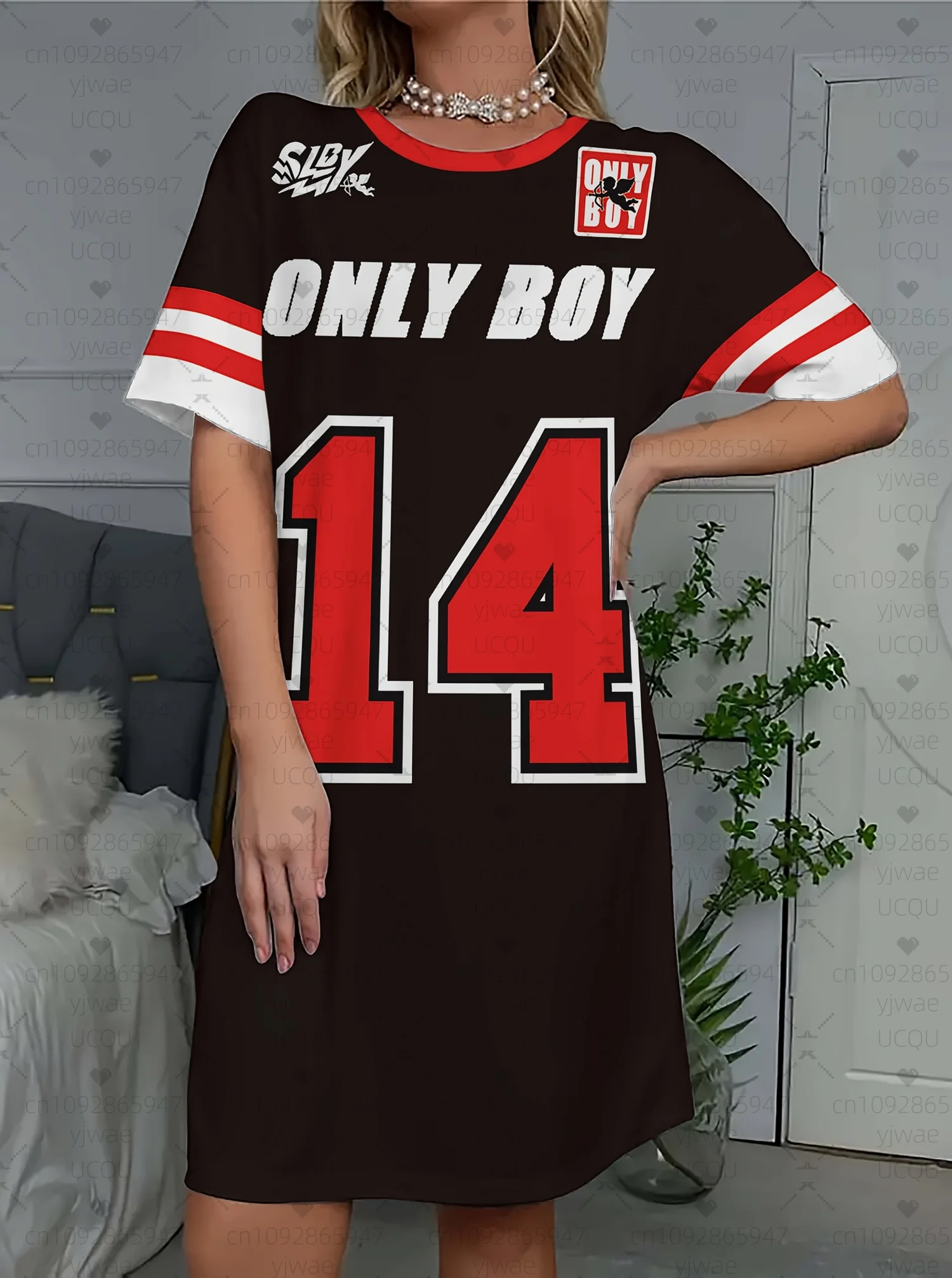 2025 Summer  Women T-Shirt Dress sleep ONLY BOY 14  printed O-Neck Lady Short Sleeve Pullover Dresses Women nightdress