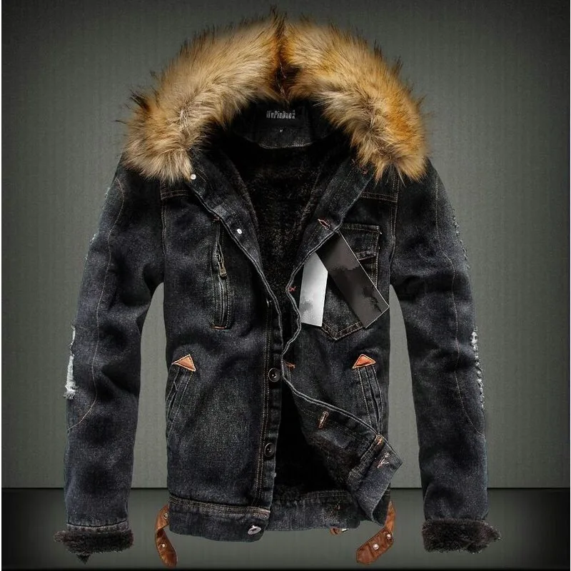 

Men's Retro Large Size Denim Jacket Button Zippered Pocket Coats Big Fur Collar Hooded Denim Top Break Hole Patch Men Coats