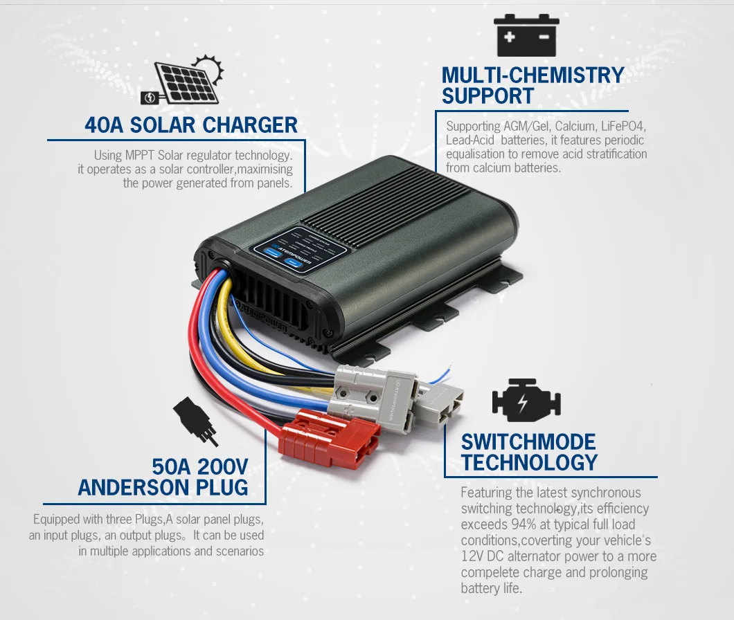 Caricabatteria ATEM POWER 3-stage Charging 12V 40A DC-DC compatibile con batterie al calcio 12V Lifepo4 piombo-acido SLA Gel AGM.