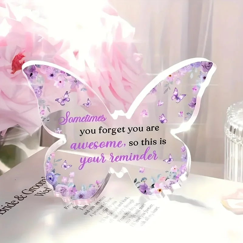 CIFBUY Butterfly Shape Acrylic Tabletop Plaque Purple Floral Art Print Desktop Decor Sentimental Positive Present Friends Women