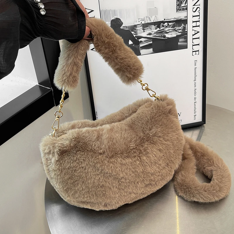 CHAINS Solid Color Velvet Shoulder Bags 2024 Fashion Crossbody Bags Zipper Versatile Fashion Handbags Soft Commuting