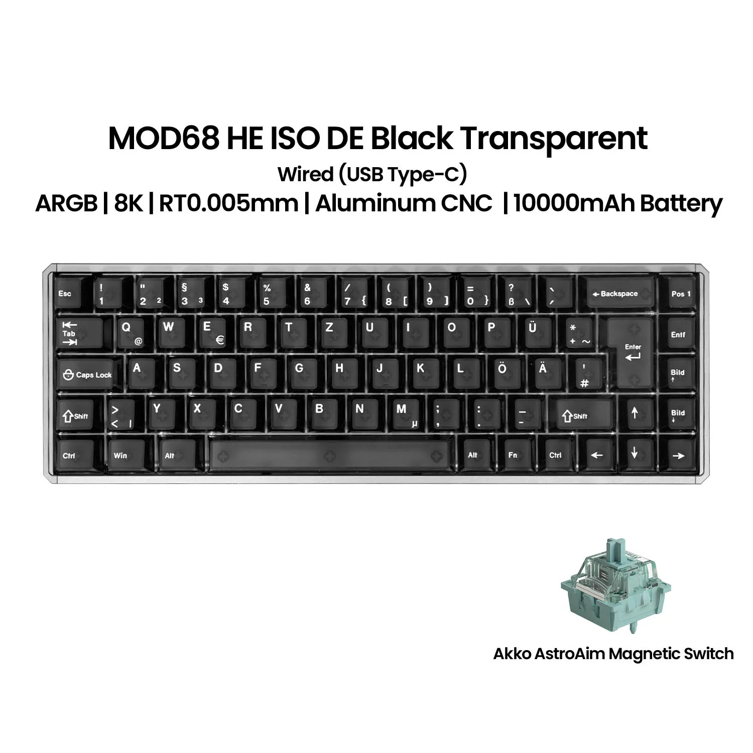 Akko MOD68 HE Tastatur ISO UK/DE/FR Layout 65% Magnetischer Schalter Schnellauslöser 0,005mm 8K ARGB Anpassbare Gaming Mechanische Tastatur