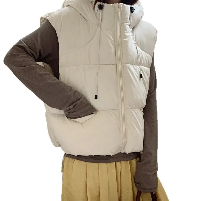 Hooded Women Parkas Vest Coats Solid Overcoat Sleeveless Drawstring Hem Zipper Thick Loose Office Lady Casual 2025 Autumn Winter