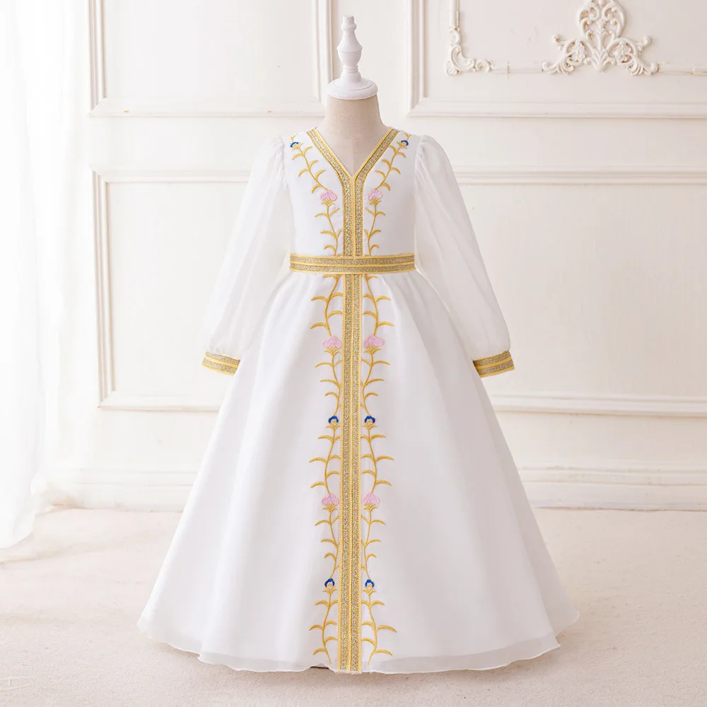 White Traditional Arab Gown for 4-7y Girls, V Neck Flower Embroidery Evening Party Wedding Ramadan Eid Dubai Saudi Kid's Dress